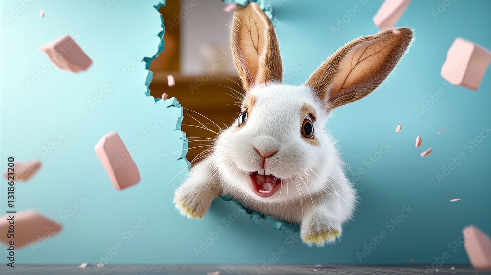 Poster rabbit is jumping through a hole in a wall. the rabbit is white and has a pink nose. the rabbit is l