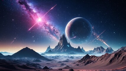 Alien planet with towering mountains and cosmic nebula in the sky. Perfect for space mission, exploration journey, and futuristic landscape concepts.
