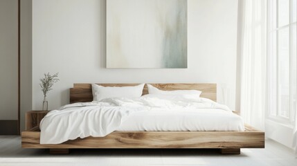 A stylish minimalist bedroom with a floating bed frame, clean white sheets, and a single abstract painting on the wall.