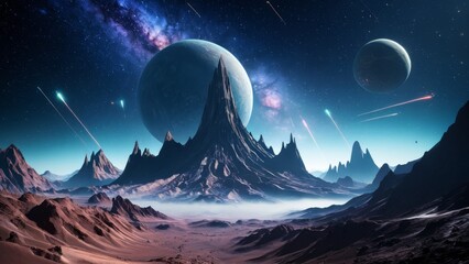Planetary mountains with galaxy and cosmic scenery in the background. Ideal for sci-fi, space travel, and planetary exploration visuals.