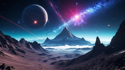 Astronaut standing on rocky surface of alien planet, gazing at galaxy and distant stars. Perfect for space exploration, cosmic journey, and future space concepts.