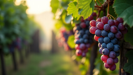 Ripe Grapes in a Serene Vineyard at Sunset