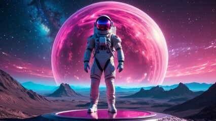 Astronaut standing on rocky surface of alien planet, observing the galaxy and vibrant purple planet above. Great visual for space travel, exploration, and interplanetary themes.