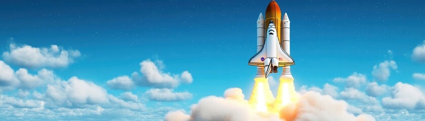 Obraz premium A space shuttle blasting off into the clouds