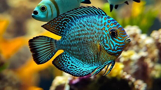 Detailed close-up of a vibrant blue discus fish swimming gracefully in a freshwater aquarium