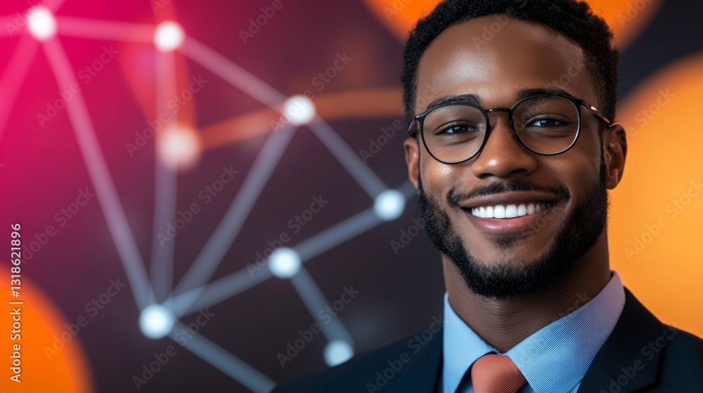 Poster man wearing glasses and a suit is smiling at the camera. the background features a pattern of lines 