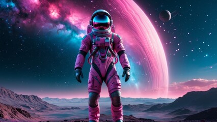 Astronaut gazing at distant stars and vibrant purple planet, standing on alien landscape with reflection in water. Great for futuristic, space, and sci-fi concepts.