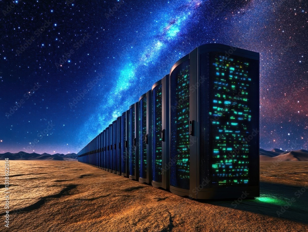 Poster a sprawling ai server farm in a desert under a starry sky