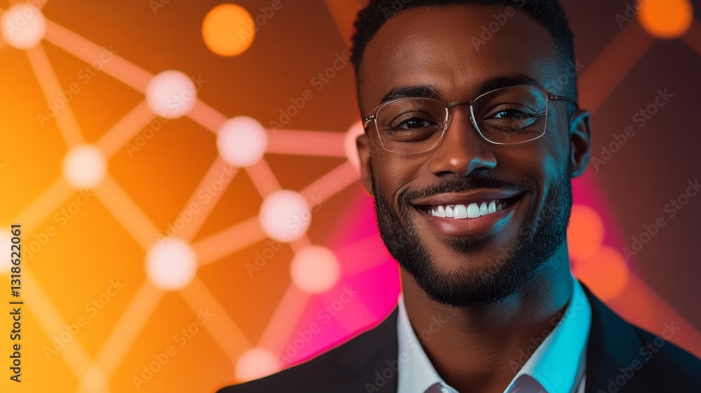 Aufkleber man with glasses is smiling and wearing a suit. the background is a colorful pattern with many dots