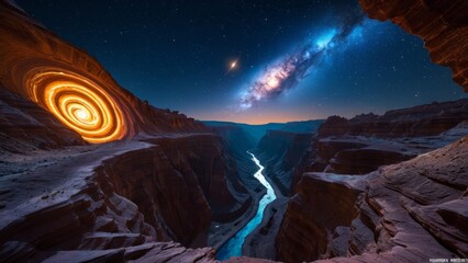 Night landscape with canyon and glowing river beneath starlit sky and galaxy. Ideal for space exploration, cosmic scenery, and stargazing visuals.