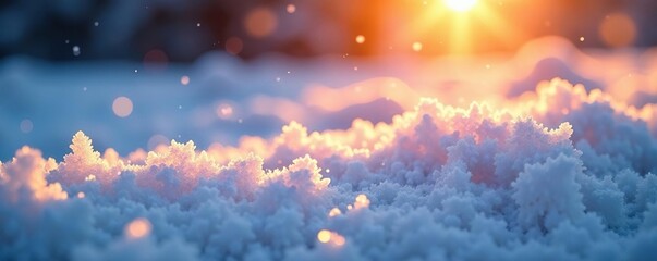 Glittering ice crystals shine in the pale winter sunlight, warm, abstract