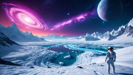 Astronaut standing on icy surface of alien planet, gazing at glowing galaxy and distant planets above. Ideal for space exploration, sci-fi, and futuristic themes.