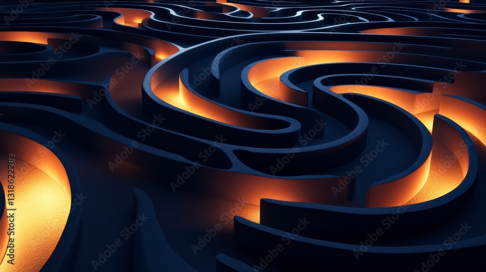 Poster illuminated labyrinth: an abstract, artistic depiction of a complex labyrinth, glowing with internal