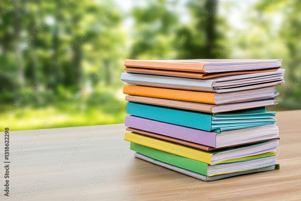 Aufkleber a stack of files on a wooden table in an office