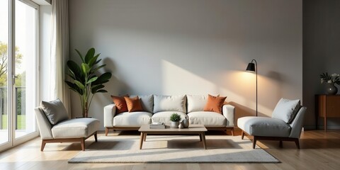 Modern living room interior design featuring a light beige sofa, accent pillows, armchairs, coffee table, and a floor lamp, all illuminated by sunlight streaming through a window.