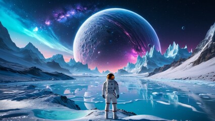 Cosmic landscape with astronaut walking on frozen surface of alien planet, gazing at the galaxy and distant planets. Ideal for spacewalk, space adventure, and exploration visuals.