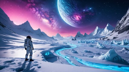 Astronaut on icy planet with snow-covered mountains and glowing ice river, gazing at cosmic horizon. Perfect for space exploration, frozen planet, and space journey concepts.
