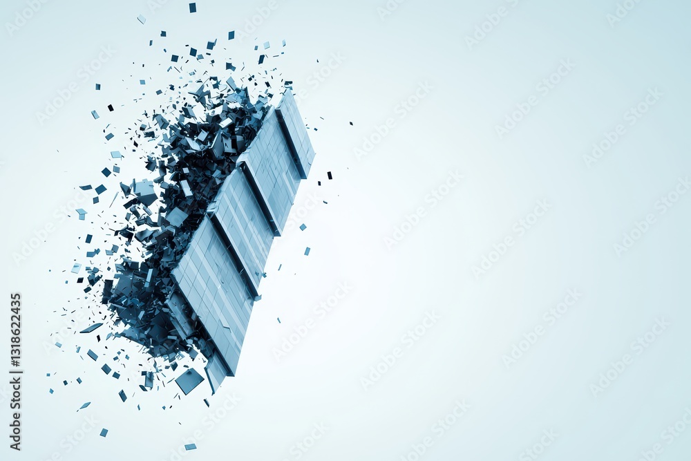 Poster 3d rendered concept of digital failure with collapsing and fragmenting elements