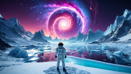 Astronaut in space suit exploring frozen world with glowing galaxy and icy terrain. Perfect for sci-fi, space journey, and planetary exploration visuals.