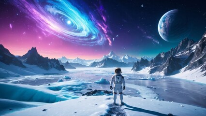 Glowing cosmic river and icebergs on alien planet with astronaut observing the galaxy. Great for spacewalk, exploration journey, and futuristic landscapes.