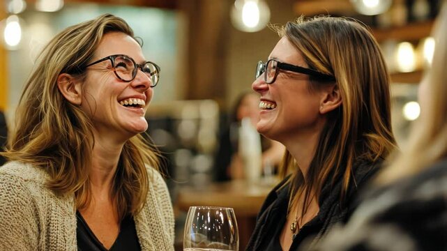 A bonding moment between two females during a wine tasting event, laughing and sharing compliments on the flavors.