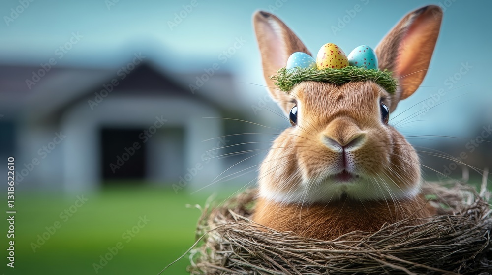 Poster rabbit is wearing a green and yellow hat and standing in a nest. the rabbit is looking at the camera