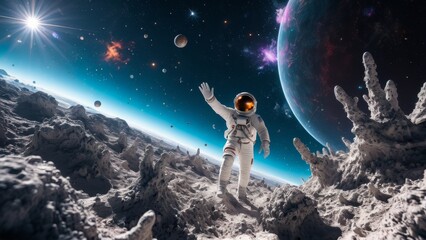 Cosmic landscape with astronaut on moon surface, looking at glowing nebula and planets. Ideal for space discovery, planetary exploration, and future space missions.