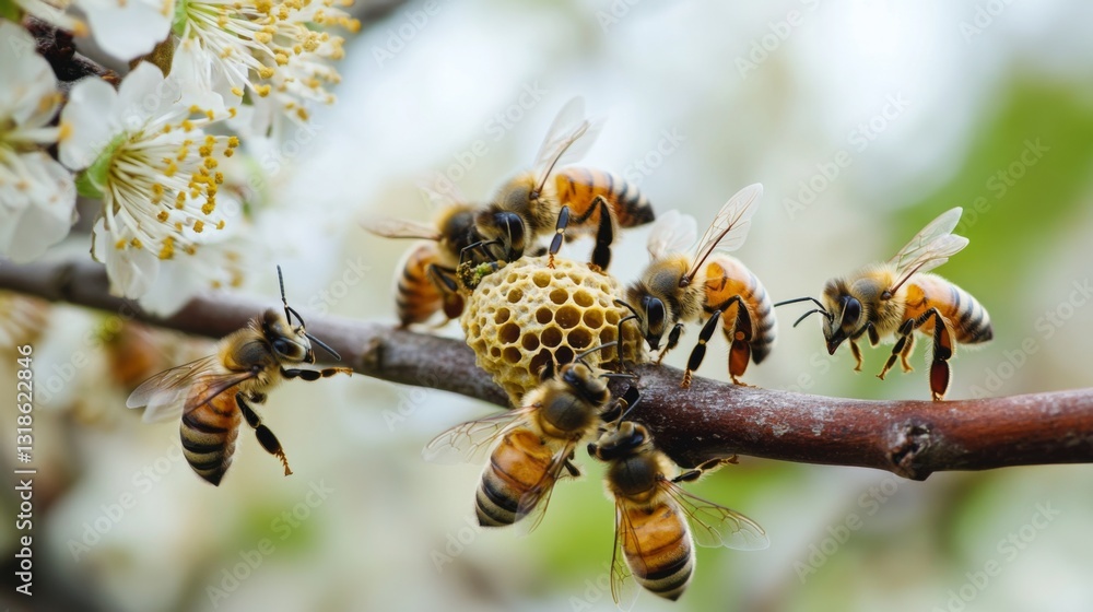 Poster Bees creating a nest on a flower branch, with some bees working on the hive and others collecting pollen.