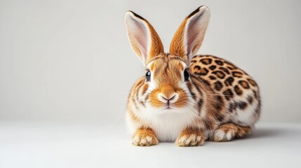 Fototapeta premium Brown and white rabbit with black spots on its face and body. The rabbit is looking at the camera with a curious expression