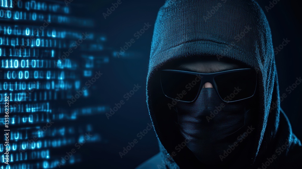 Poster abstract concept of a hacker in a dark digital environment with code projections