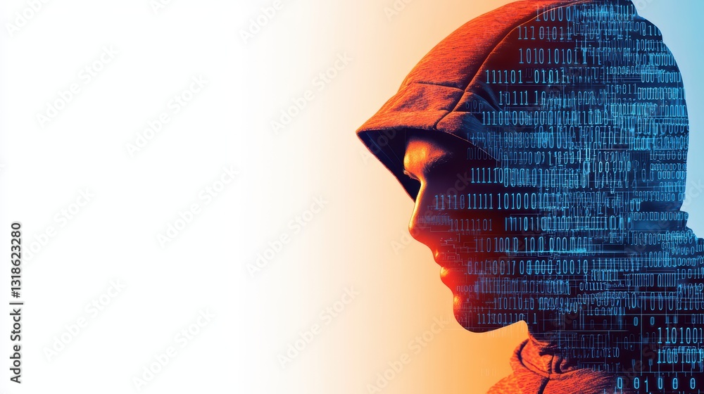 Poster mysterious hacker concept with digital elements and masked face representing cybersecurity themes