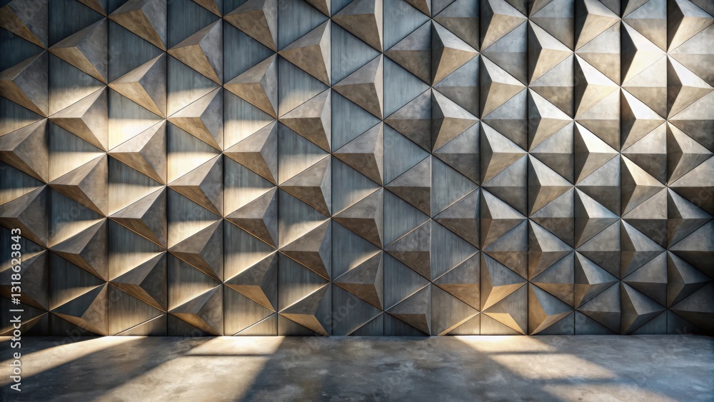 Poster A geometric wall of triangular shapes made of concrete and illuminated by sunlight casting long shadows on the concrete floor