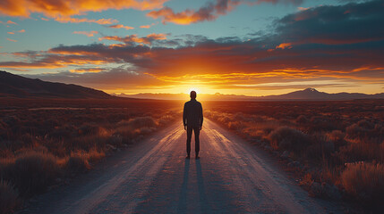 Obraz premium A Man Standing at a Vast Crossroads, Multiple Paths Leading in Different Directions, Symbolic for Life Decisions