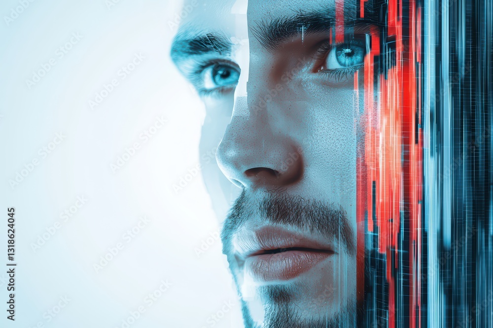 Poster human face in a glitching ai visualization with breaking apart elements and futuristic effects