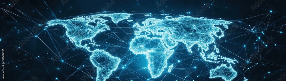 Poster A stylized world map is surrounded by a complex network of lines and dots, representing global connectivity and the digital age