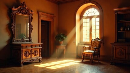 Sunlight streams through an arched window illuminating antique wooden furniture in a grand room