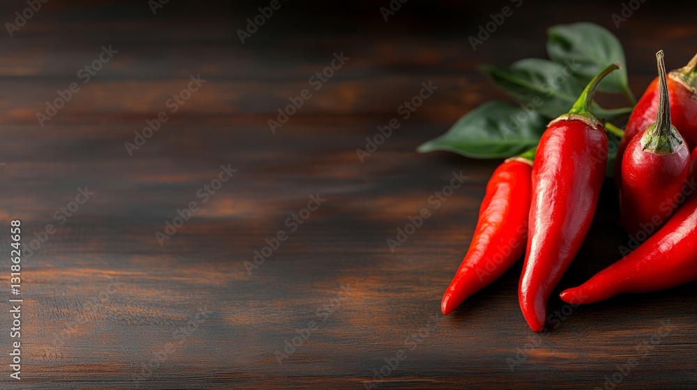 Poster bunch of red peppers are on a wooden table. the peppers are arranged in a way that they are all faci