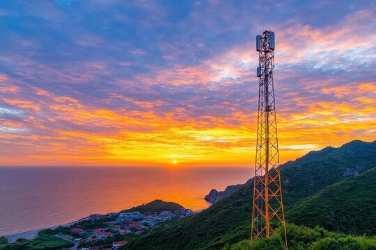A tall cell tower stands against a fiery sunset, overlooking a calm sea and a small coastal community