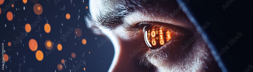 Poster close-up of hooded figure with glowing binary reflection in eye against dark background