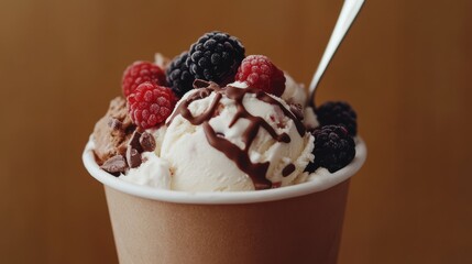 Experience the perfect balance of creamy and tangy with a scoop of raspberry ice cream, served in a glass cup on a vibrant pink background. The juicy raspberries on top add a burst of flavor to this v