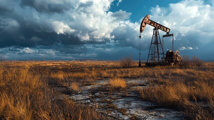 Fototapeta premium An abandoned oil pump stands in a field filled with tall, dry grass. The sky is dramatically overcast with dark clouds, suggesting an impending storm