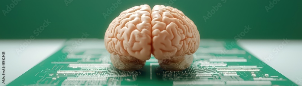Aufkleber close-up view of human brain with neural interface on circuit board background