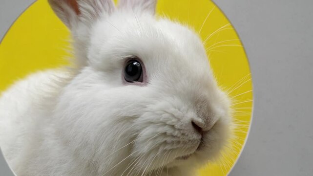 adorable close-up photograph captures a fluffy white easter rabbit playfully peeking through a circular cutout in a yellow background.	