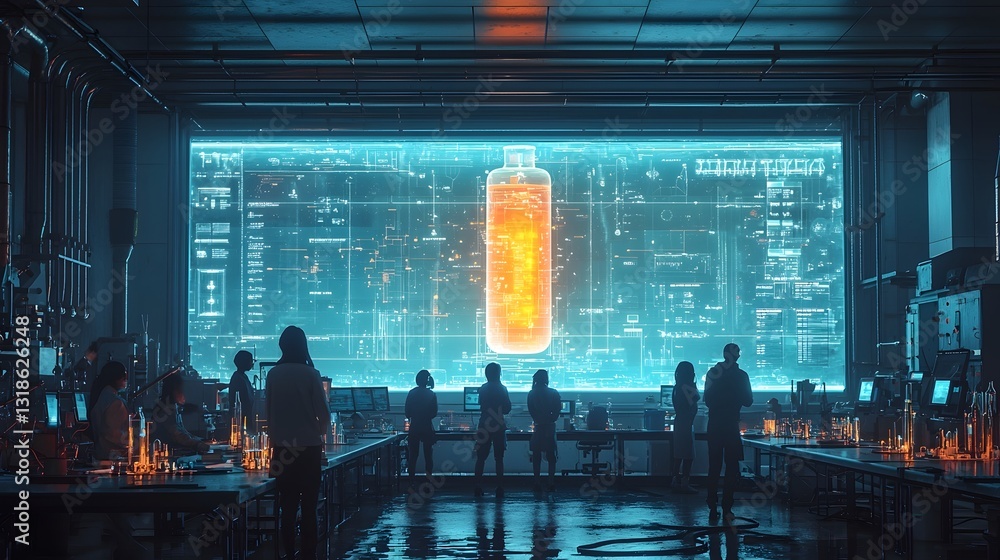Poster futuristic glowing science lab where students learn from illuminated experiment