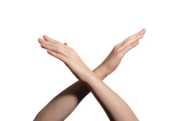 Crossing hands in an X shape, symbolizing refusal, prohibition, and denial. Stop gesture, rejection...