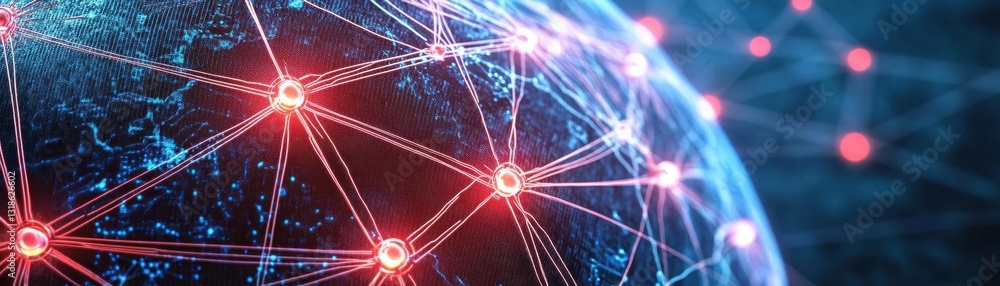 Poster A top view of interconnected data centers, with lines representing global data flow and cloud computing
