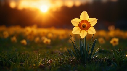 Single daffodil backlit by sunset. © kinkin