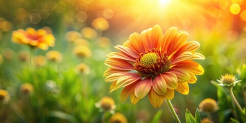 Obraz premium A single sunflower blooms in the warm glow of the setting sun, surrounded by a field of lush green foliage and other colorful flowers.