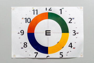Close up of an astigmatism test chart used for eye exams, with numbers and a central letter E, mounted on a wall.