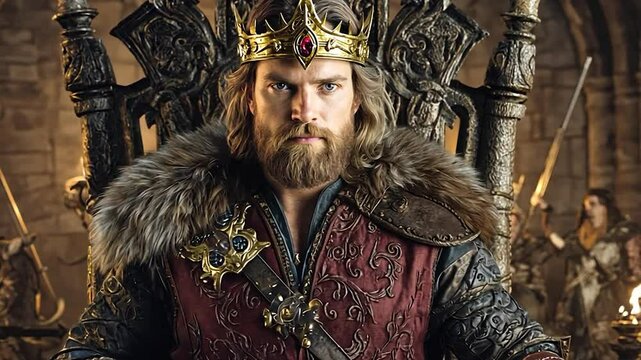  Merovingian king standing in a dimly lit medieval castle, wearing a fur-lined royal cloak and a golden crown, exuding power and nobility.
